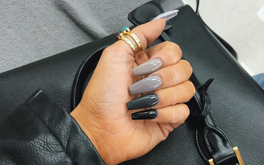 Black grey long artificial nails design